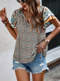 Printed Tie Neck Short Sleeve Blouse - Trendsi - Flyclothing LLC