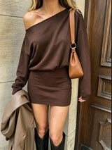 One Shoulder Long Sleeve Mini Dress - Trendsi - Flyclothing LLC