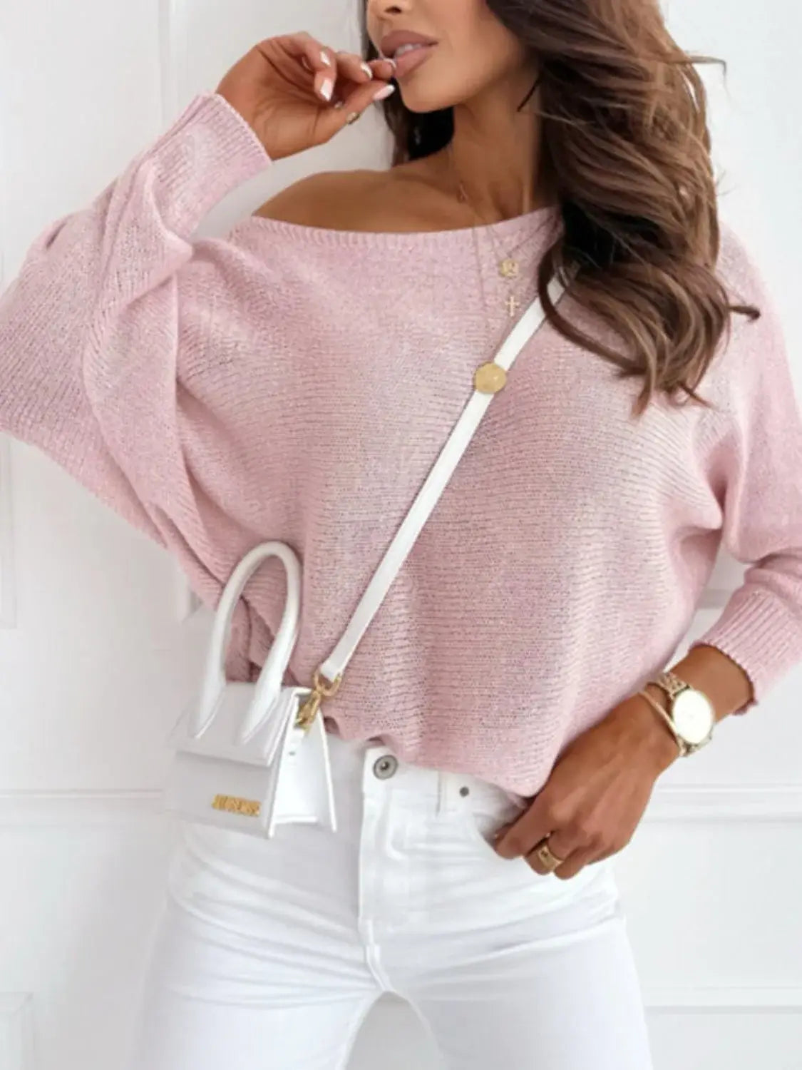 Bow Back Boat Neck Batwing Sleeve Sweater - Trendsi - Flyclothing LLC