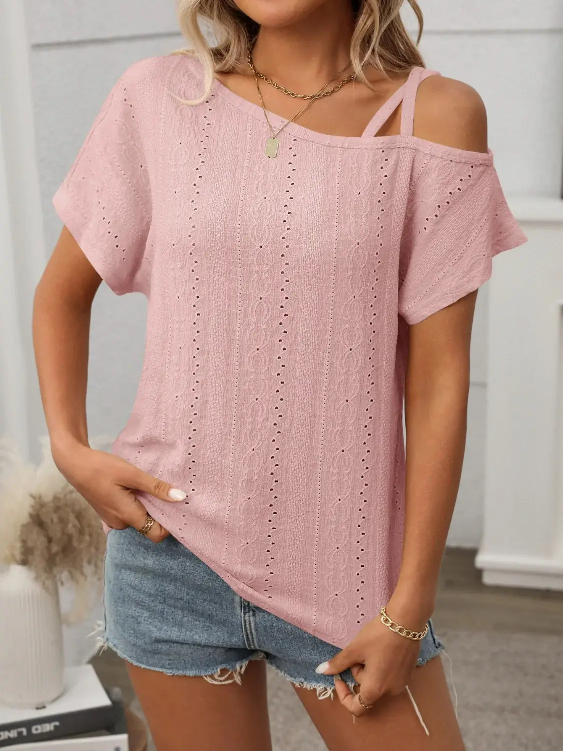 Eyelet Asymmetrical Shoulder Short Sleeve T-Shirt - Trendsi - Flyclothing LLC