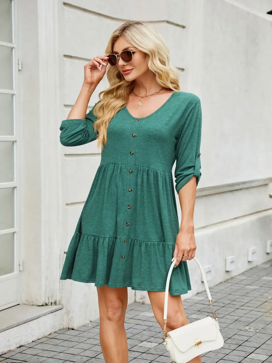 Tiered Ruched V-Neck Mini Dress - Trendsi - Flyclothing LLC