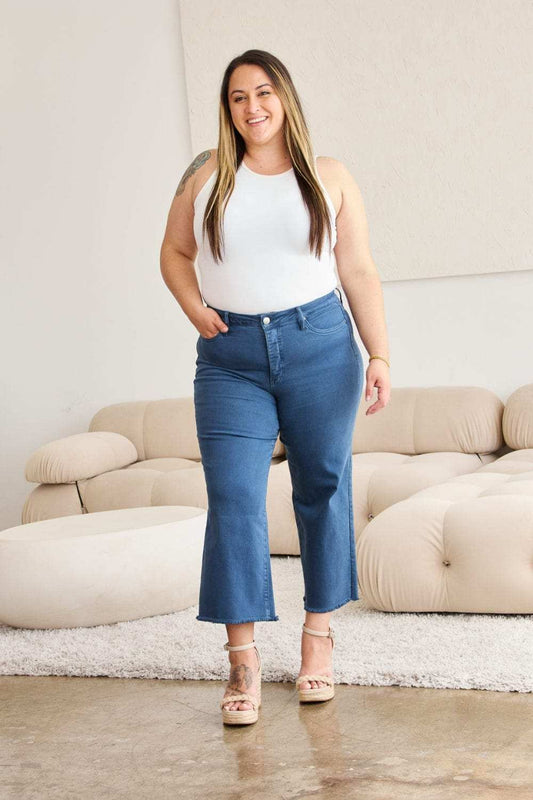 RFM Crop Chloe Full Size Tummy Control High Waist Raw Hem Jeans - Trendsi - Flyclothing LLC