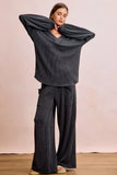 BiBi Two Tone Cord Rib Contrast Stitching V-Neck Top and Pants Set - Trendsi - Flyclothing LLC