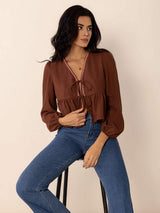 Peplum Tied V-Neck Long Sleeve Blouse - Trendsi - Flyclothing LLC