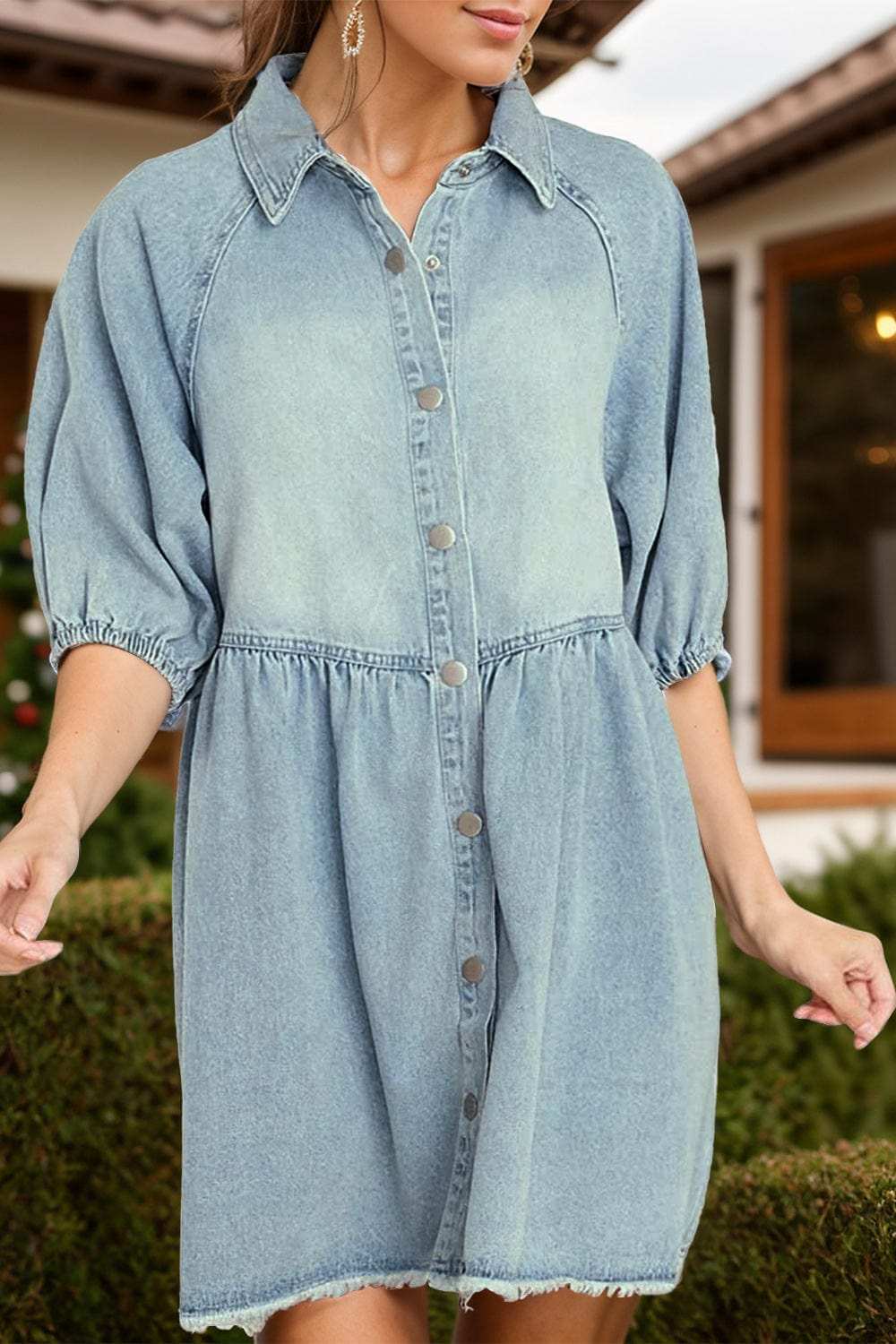 Raw Hem Snap Down Half Sleeve Denim Dress - Trendsi - Flyclothing LLC