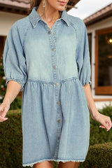 Raw Hem Snap Down Half Sleeve Denim Dress - Trendsi