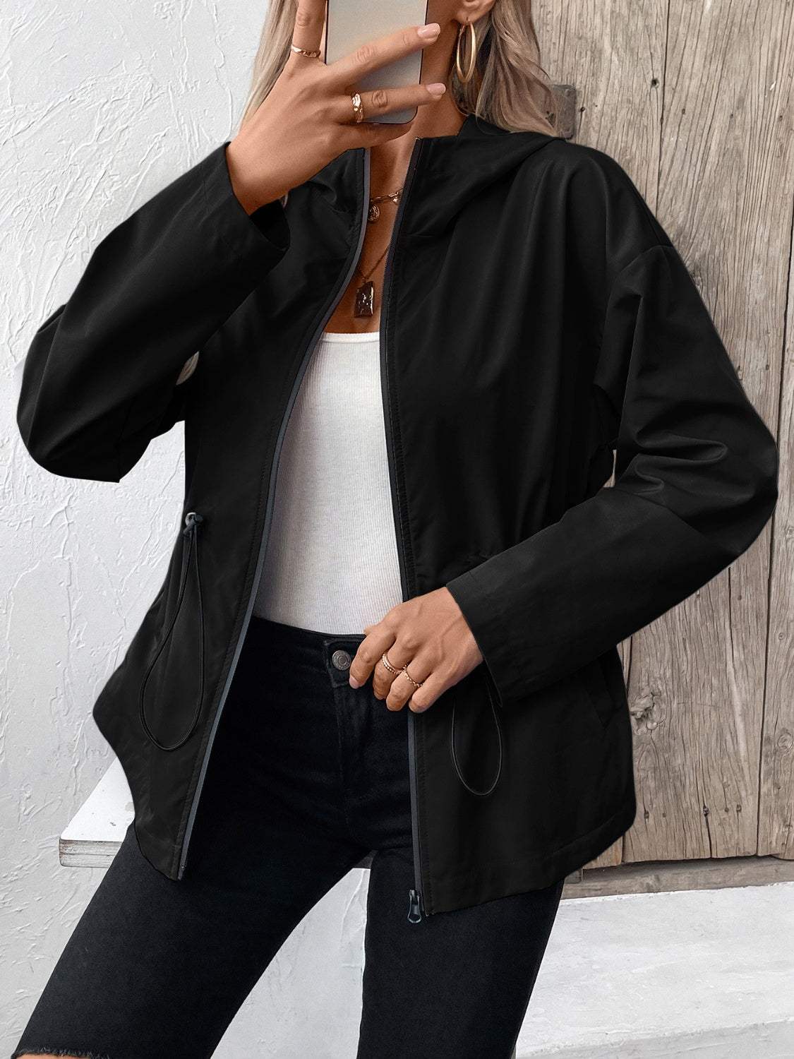 Drawstring Zip Up Hooded Jacket - Trendsi - Flyclothing LLC
