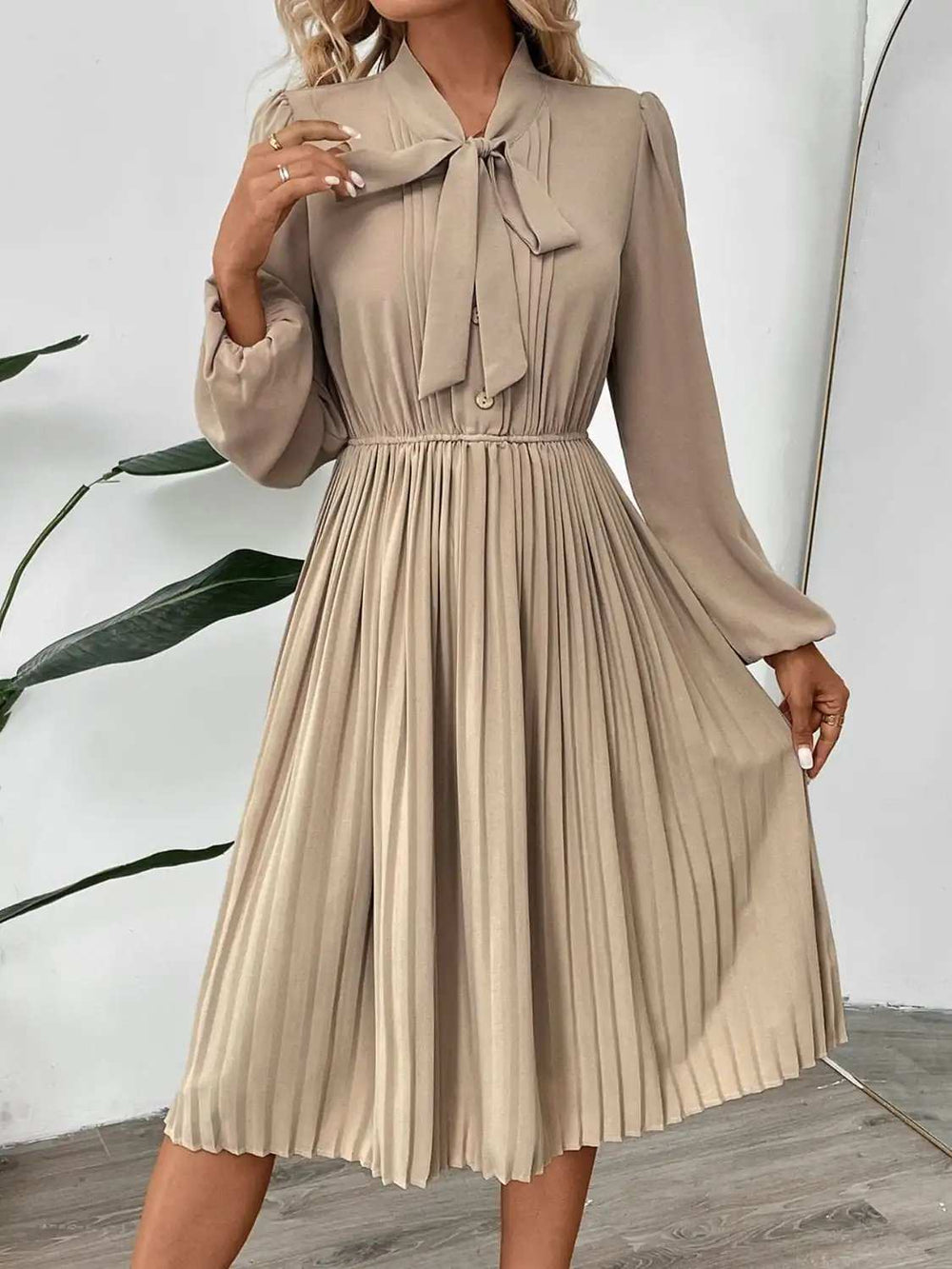 Perfee Pleated Tie Neck Long Sleeve Dress - Trendsi - Flyclothing LLC