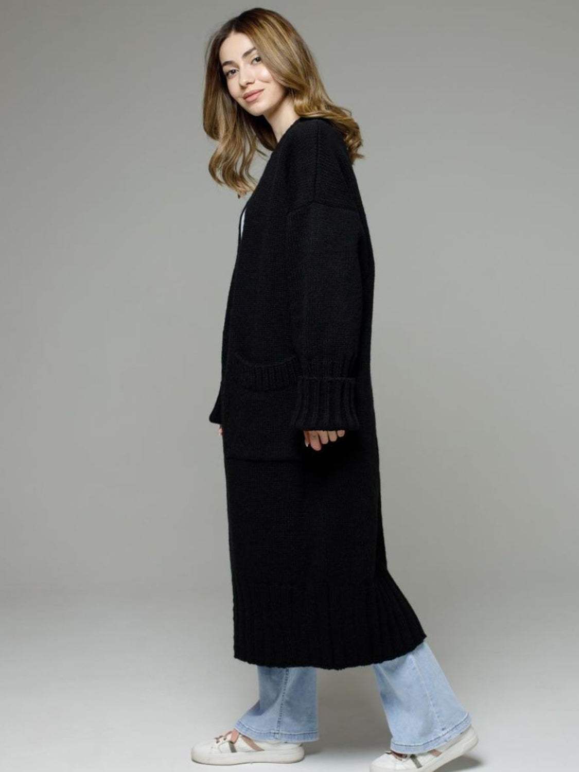 Pocketed Open Front Dropped Shoulder Cardigan - Trendsi - Flyclothing LLC