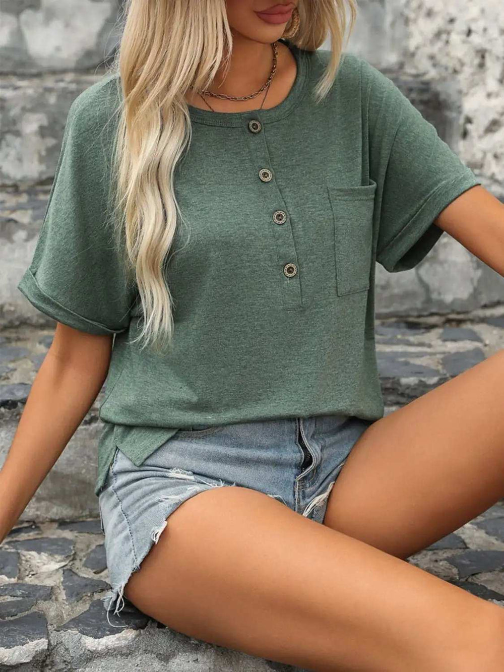Half Button Short Sleeve T-Shirt - Trendsi - Flyclothing LLC