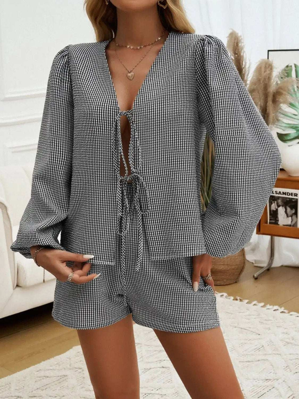 Tied Long Sleeve Top and Shorts Set - Trendsi - Flyclothing LLC