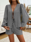Tied Long Sleeve Top and Shorts Set - Trendsi - Flyclothing LLC