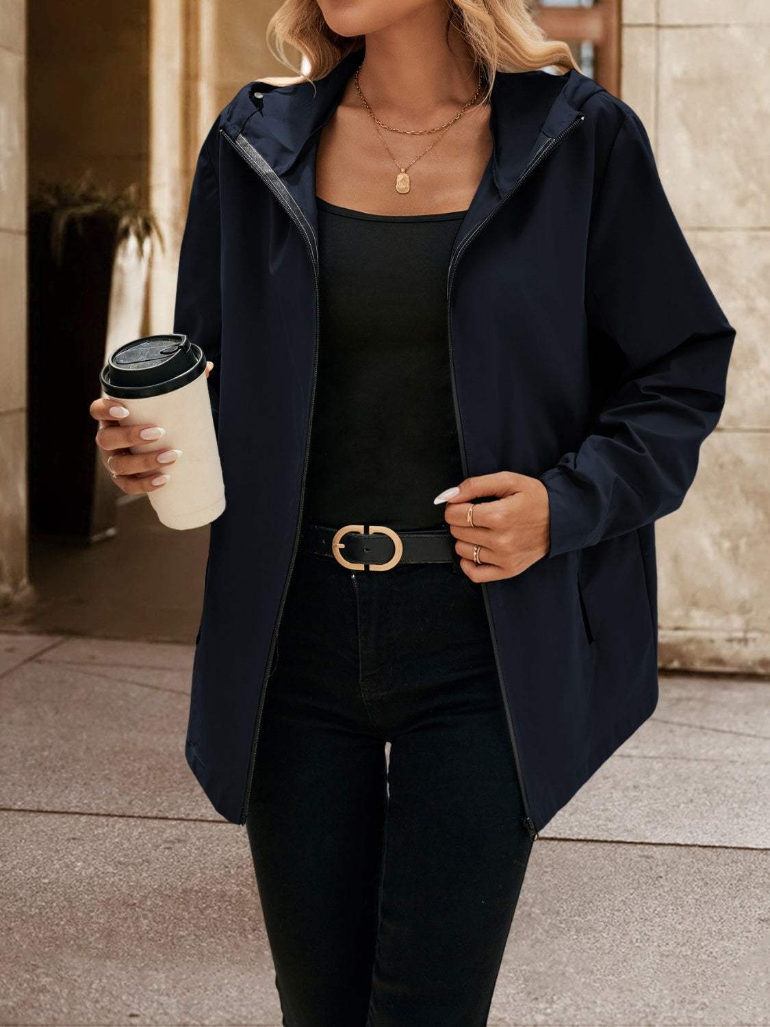 Pocketed Zip Up Hooded Jacket - Trendsi - Flyclothing LLC