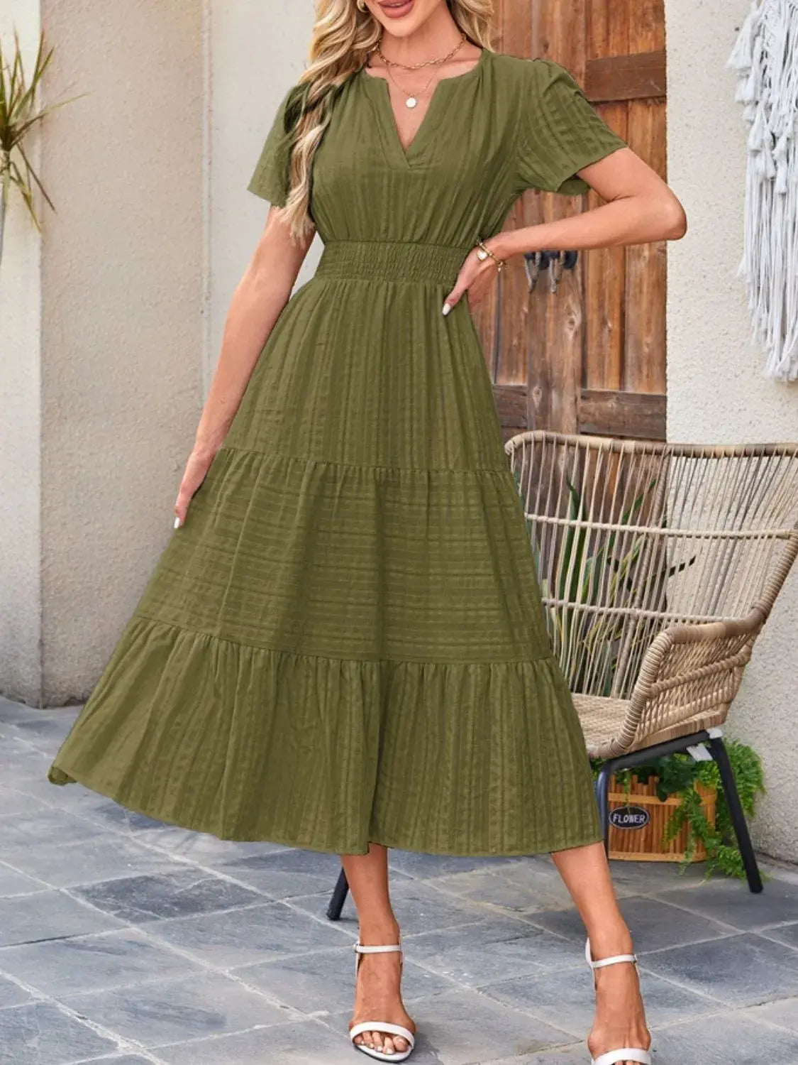 Tiered Notched Short Sleeve Dress - Trendsi - Flyclothing LLC