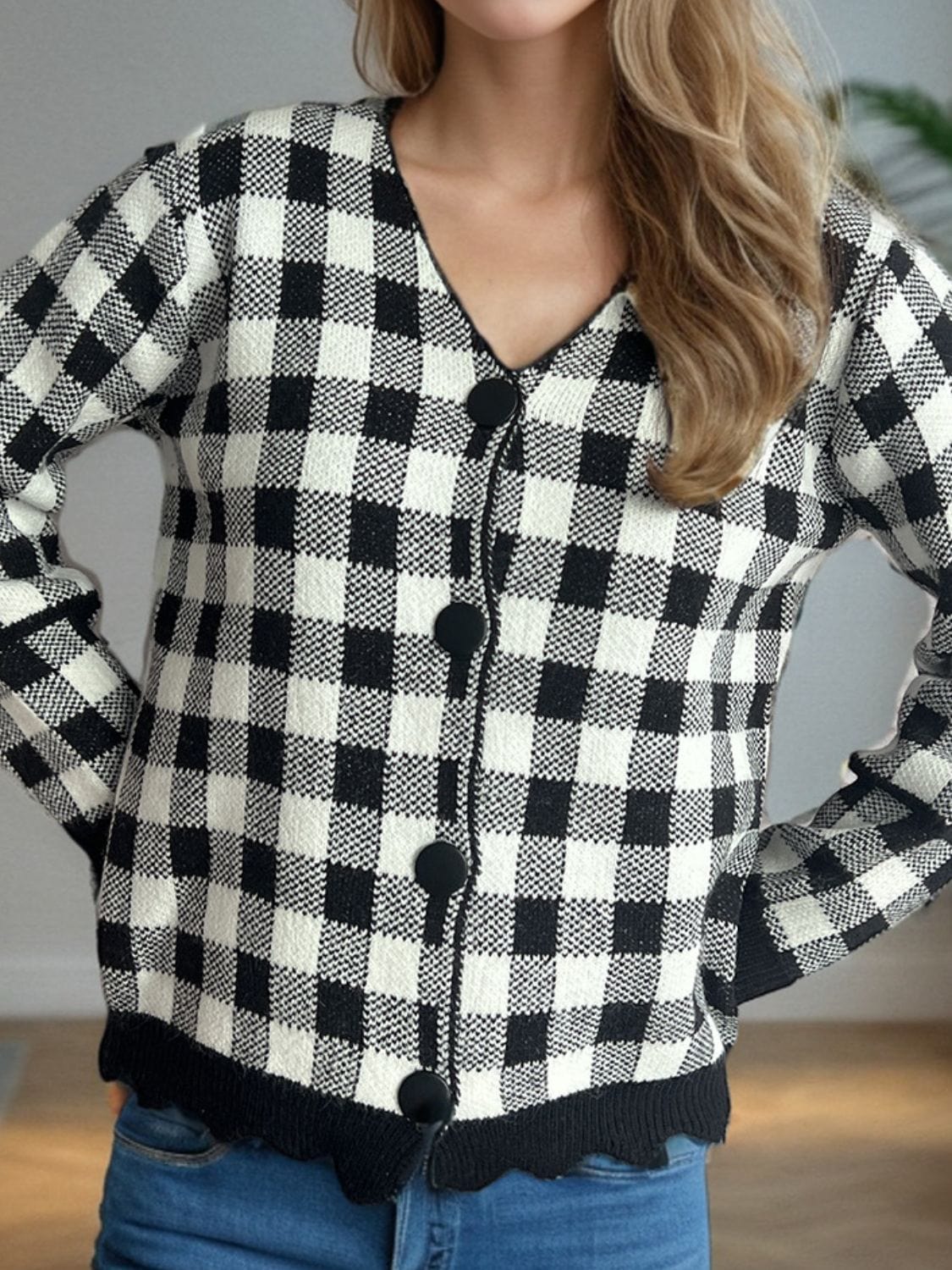 Plaid V-Neck Button Up Cardigan - Trendsi