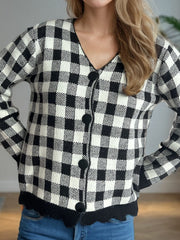 Plaid V-Neck Button Up Cardigan - Trendsi