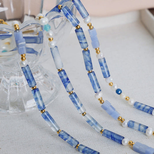 Freshwater Pearl Titanium Steel Geometric Bead Necklace - Trendsi