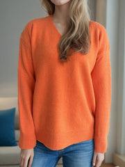 V-Neck Dropped Shoulder Long Sleeve Sweater - Trendsi