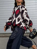 Contrast Diamond Round Neck Long Sleeve Sweater - Trendsi - Flyclothing LLC