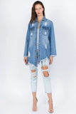 American Bazi Distressed Frayed Hem Denim Jacket - Trendsi