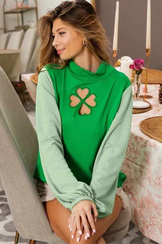 BiBi Ft Color Block Clover Cut Out Puff Sleeves Top - Trendsi - Flyclothing LLC