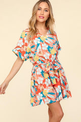 Haptics Tropical Floral Short Sleeve Tied Romper - Trendsi