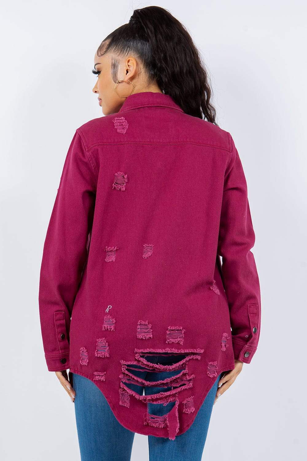 American Bazi Distressed Button Up Long Sleeve Denim Jacket - Trendsi - Flyclothing LLC