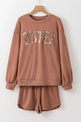 COFFEE Sequin Round Neck Long Sleeve Top and Shorts Set - Trendsi - Flyclothing LLC