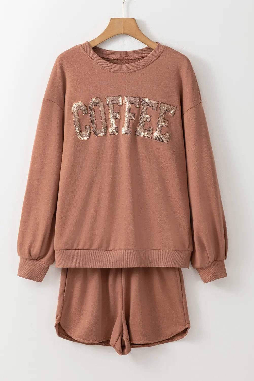 COFFEE Sequin Round Neck Long Sleeve Top and Shorts Set - Trendsi - Flyclothing LLC