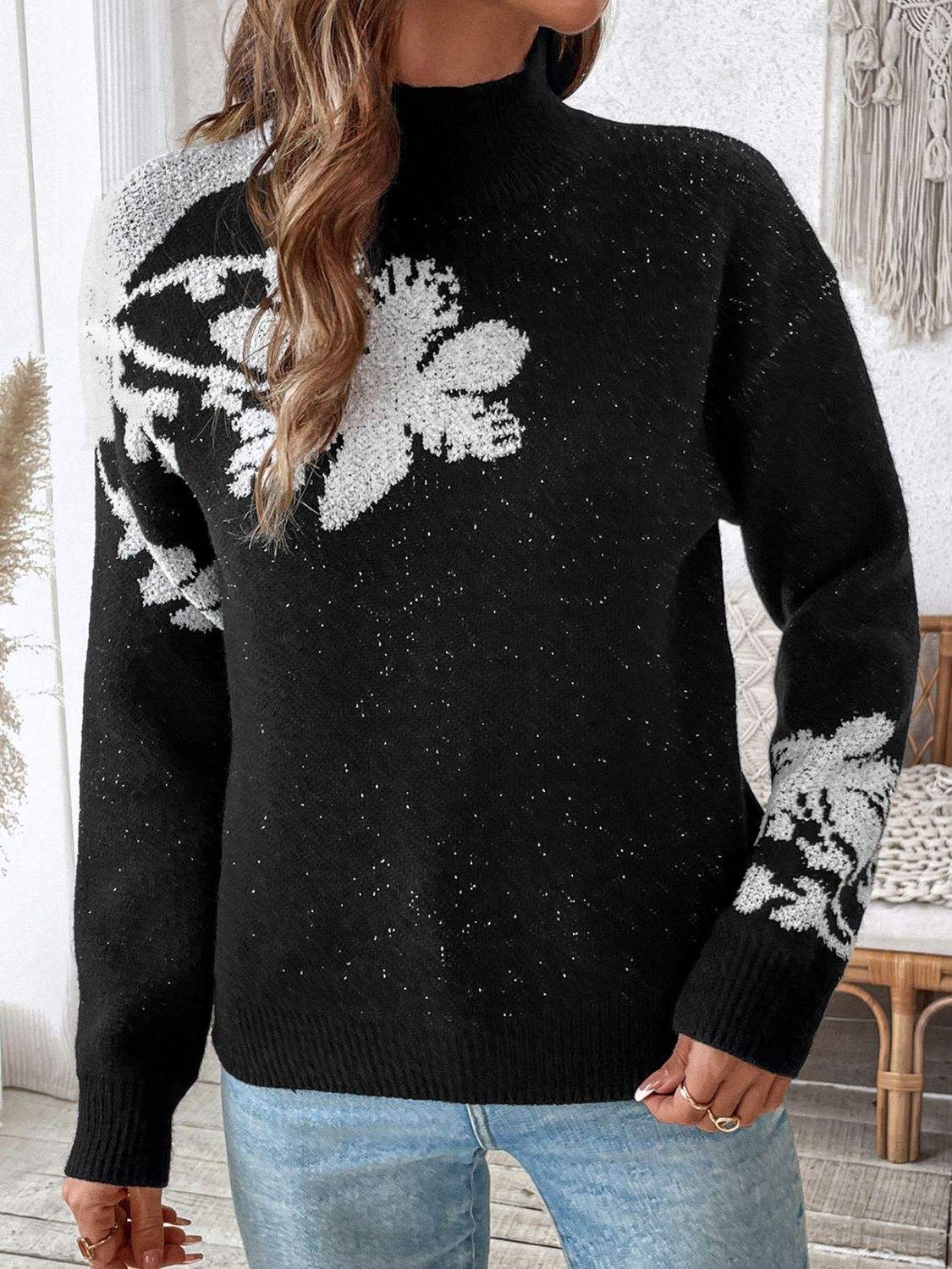 Perfee Flower Mock Neck Long Sleeve Sweater - Trendsi - Flyclothing LLC