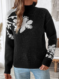 Perfee Flower Mock Neck Long Sleeve Sweater - Trendsi