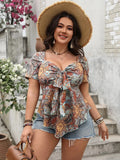 Plus Size Printed Sweetheart Neck Short Sleeve Blouse - Trendsi