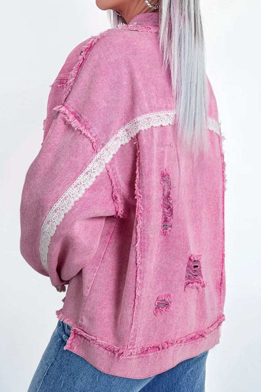 Lace Detail Distressed Raw Hem Long Sleeve Denim Jacket - Trendsi - Flyclothing LLC