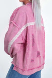 Lace Detail Distressed Raw Hem Long Sleeve Denim Jacket - Trendsi - Flyclothing LLC