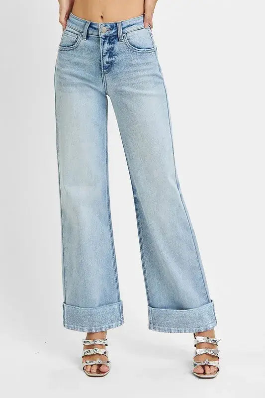 RISEN Full Size Tummy Control High Rise Ankle Wide Cuffed Jeans Plus Size - Trendsi - Flyclothing LLC