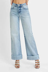 RISEN Full Size Tummy Control High Rise Ankle Wide Cuffed Jeans Plus Size - Trendsi - Flyclothing LLC