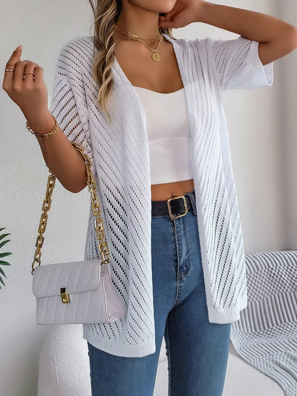 Openwork Open Front Half Sleeve Cardigan - Trendsi - Flyclothing LLC