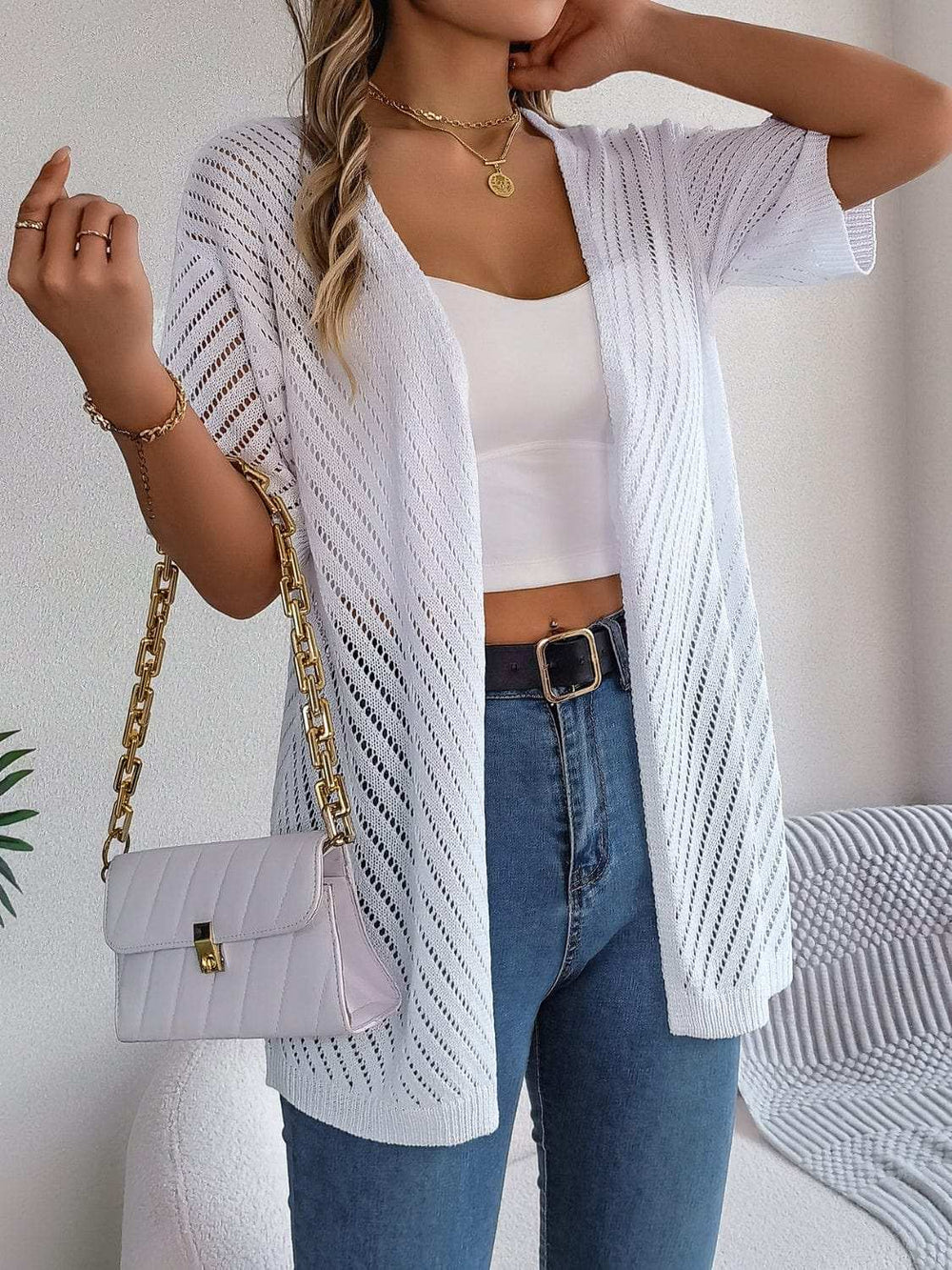 Openwork Open Front Half Sleeve Cardigan - Trendsi - Flyclothing LLC