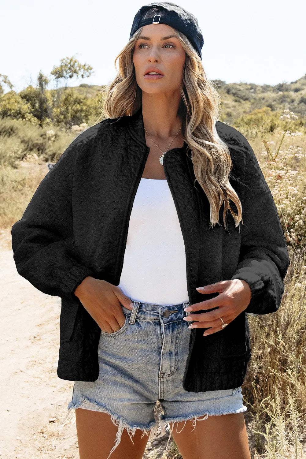 Baseball Collar Floral Quilted Jacket - Trendsi - Flyclothing LLC
