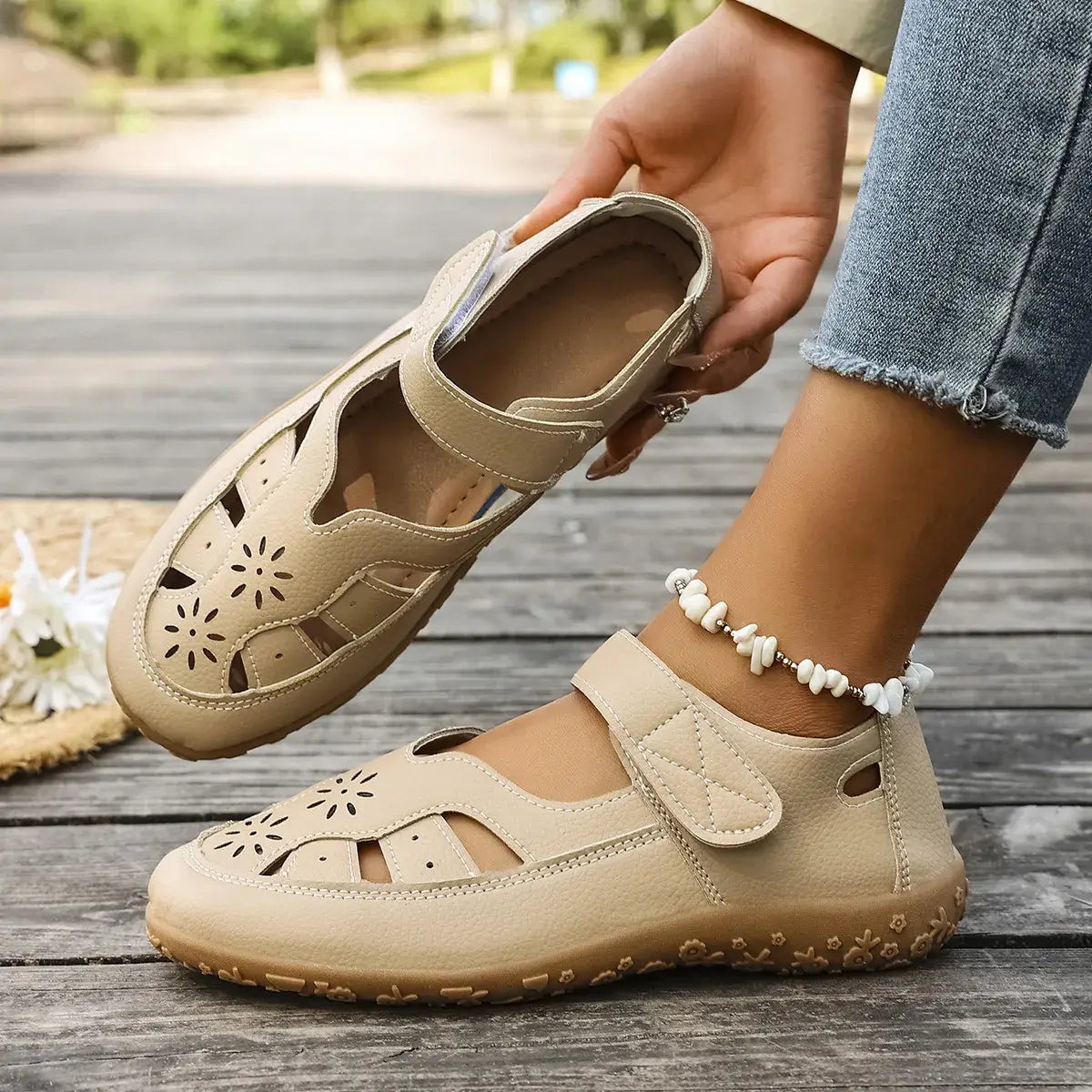 Cutout Velcro Straps Sandals - Trendsi - Flyclothing LLC