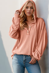 Double Take Full Size Half Button Long Sleeve Hoodie - Trendsi