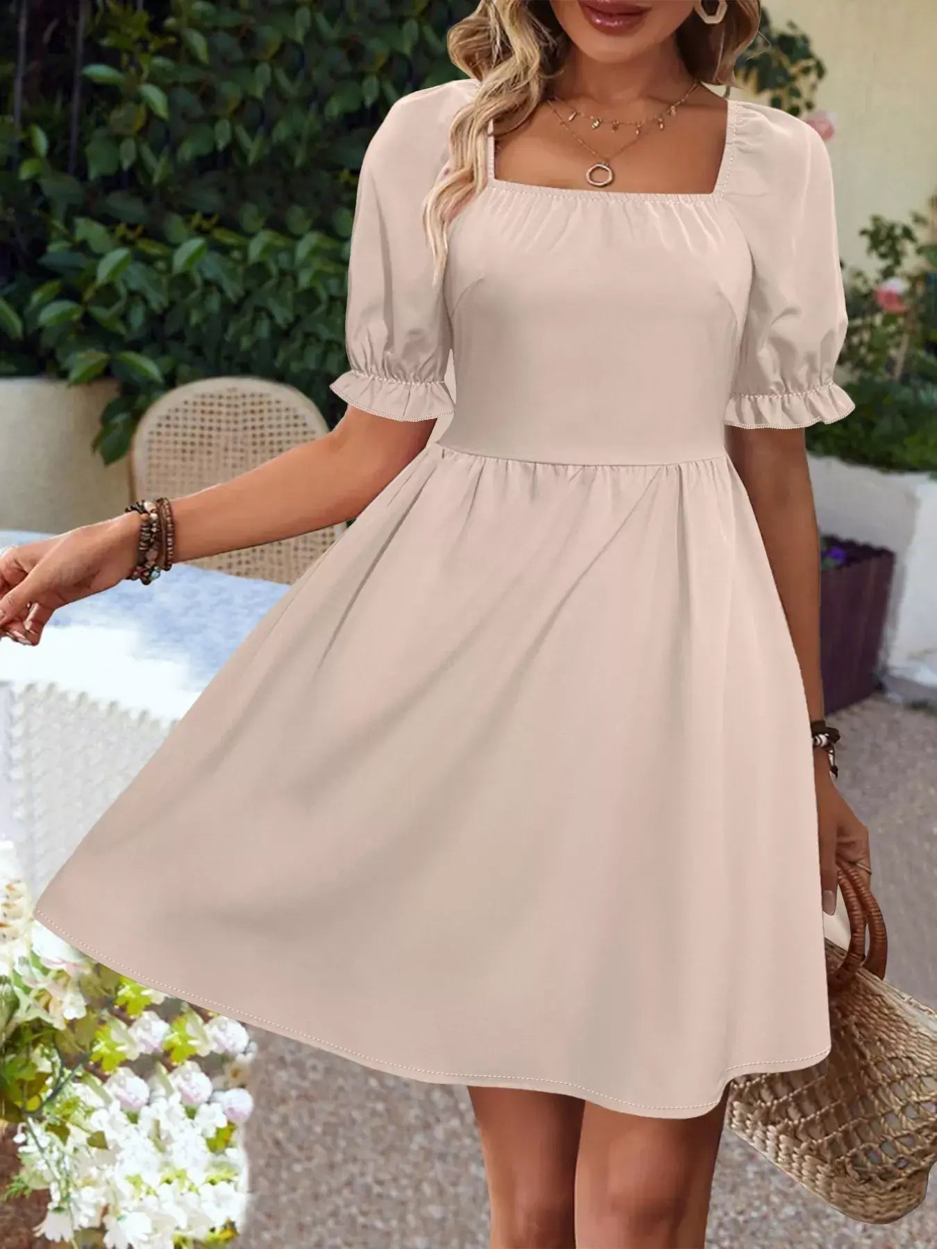 Square Neck Puff Sleeve A-Line Mini Dress - Trendsi - Flyclothing LLC