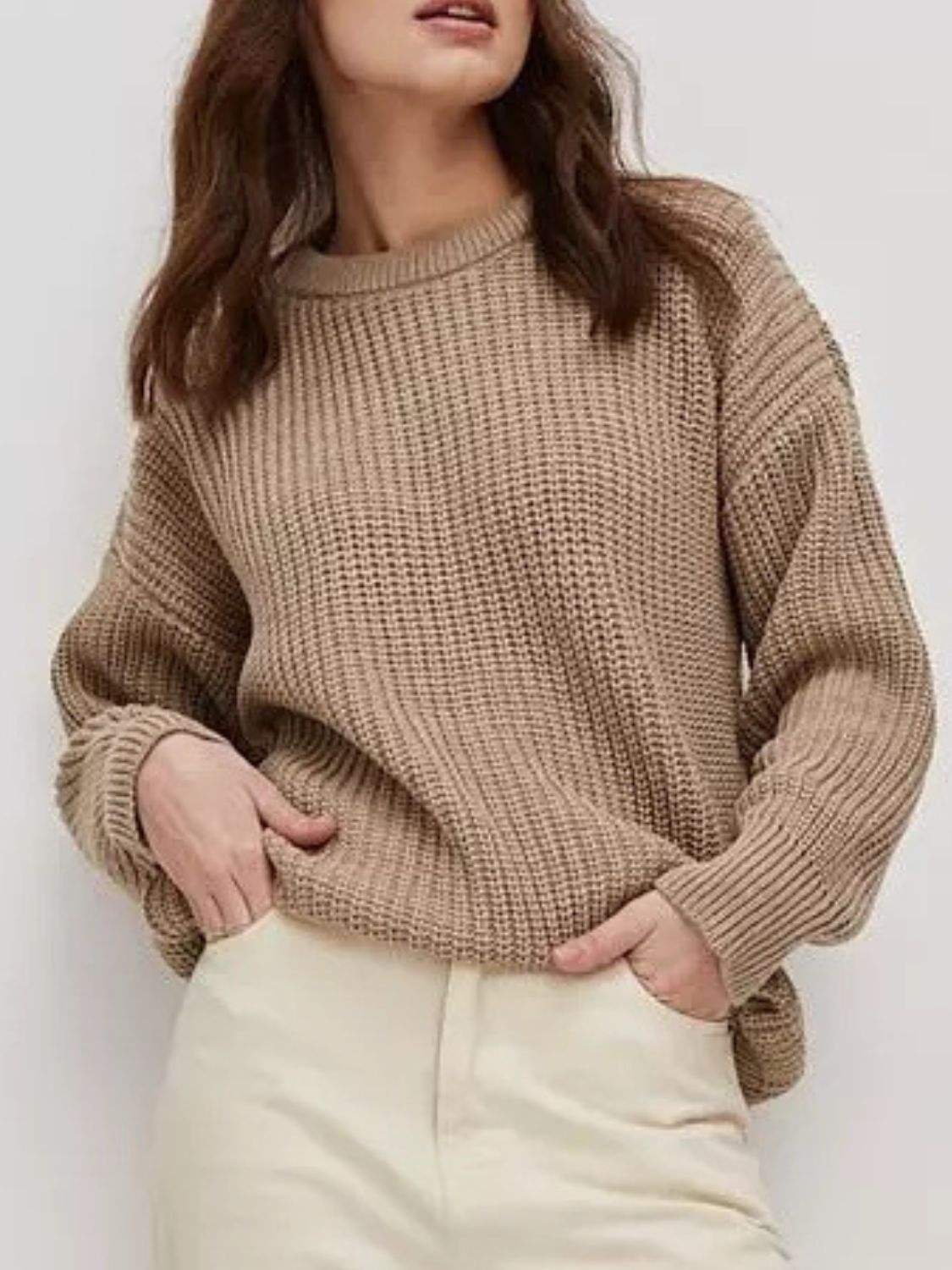 Round Neck Long Sleeve Sweater - Trendsi - Flyclothing LLC