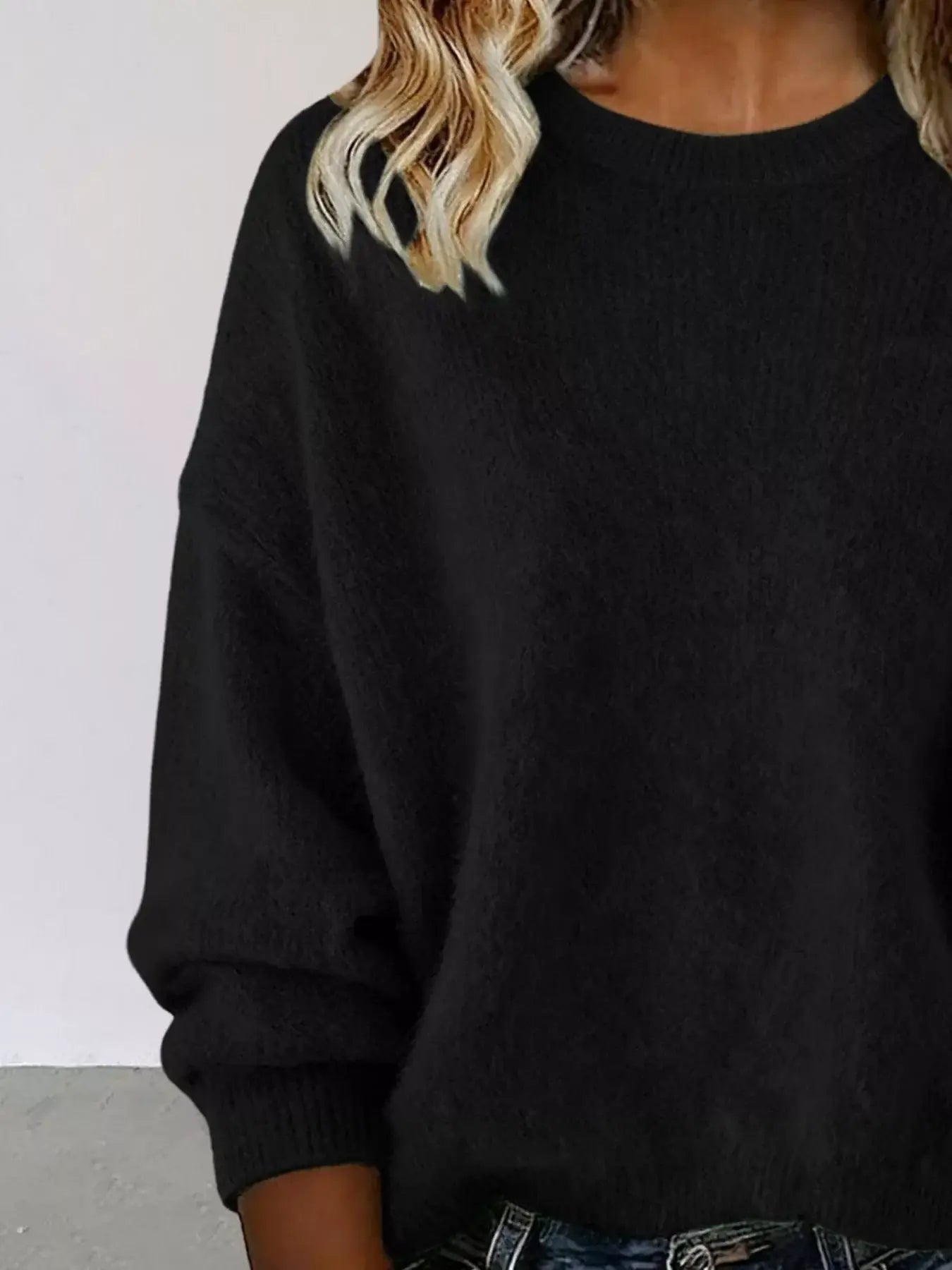 Full Size Round Neck Dropped Shoulder Sweater Plus Size - Trendsi - Flyclothing LLC