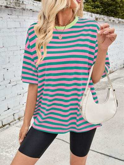 Lovelet Striped Round Neck Half Sleeve T-Shirt - Trendsi - Flyclothing LLC