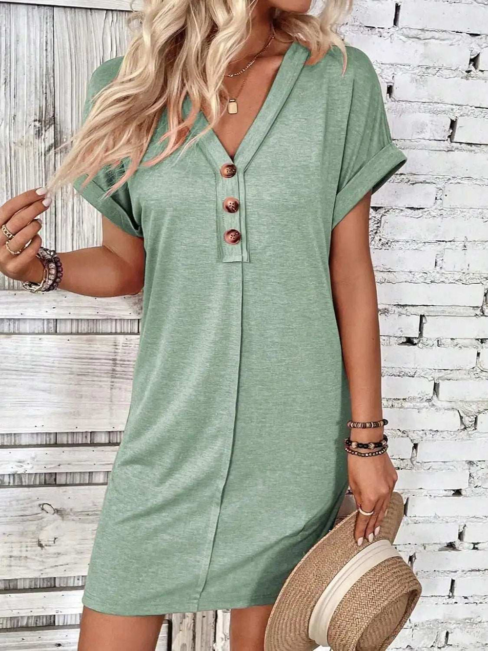 Quarter Button V-Neck Short Sleeve Dress - Trendsi - Flyclothing LLC