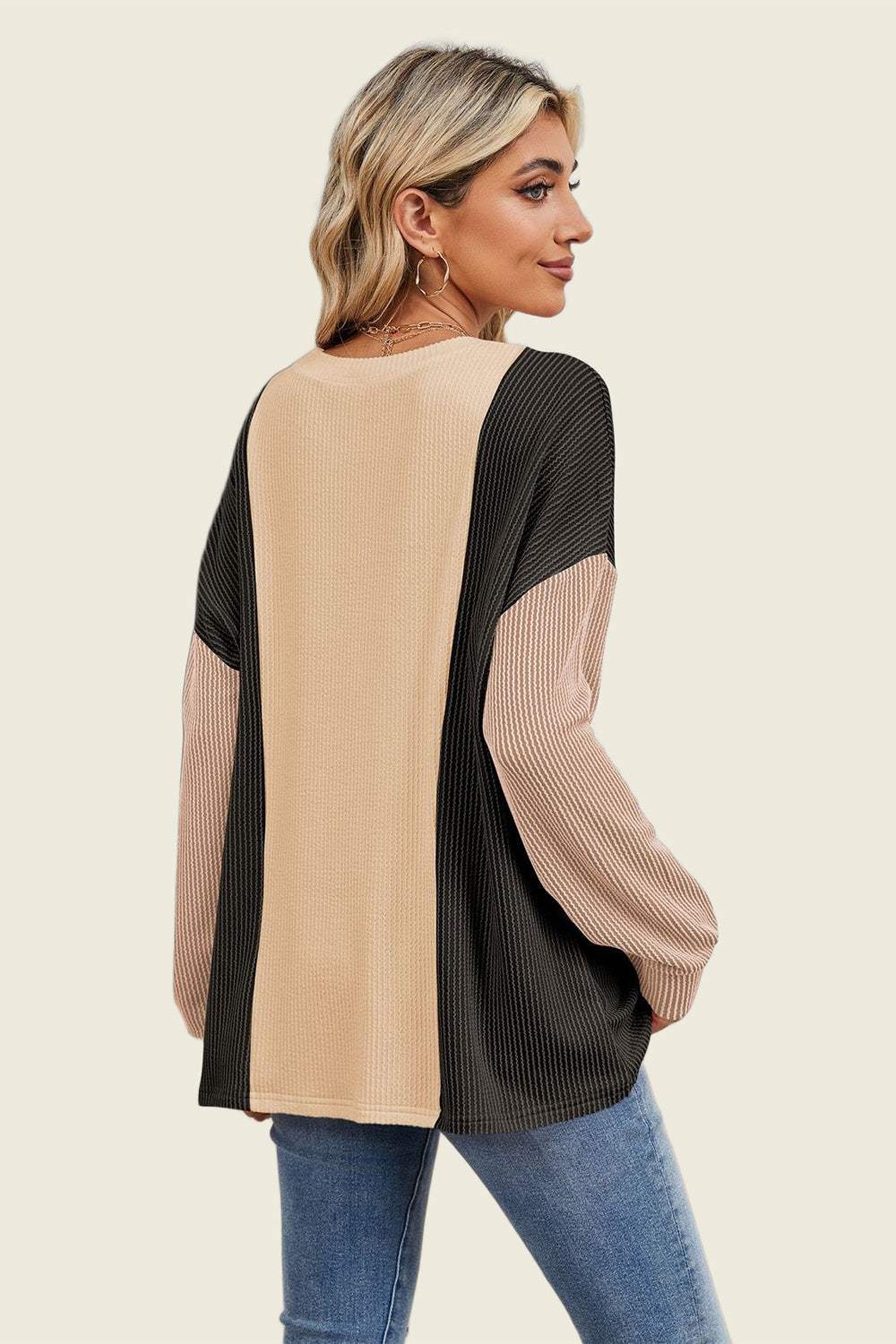 Double Take Texture Contrast Round Neck Long Sleeve T-Shirt - Trendsi - Flyclothing LLC