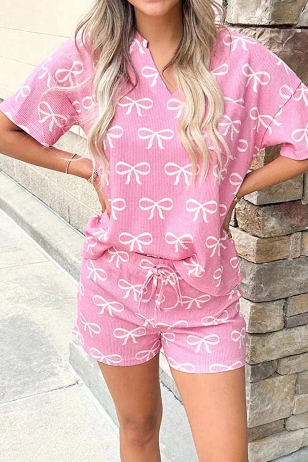 Bowknot Printed Notched T-Shirt and Shorts Set - Trendsi - Flyclothing LLC