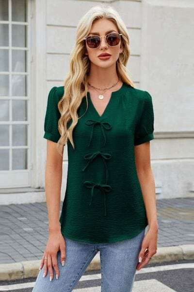 Notched Short Sleeve Blouse - Trendsi - Flyclothing LLC