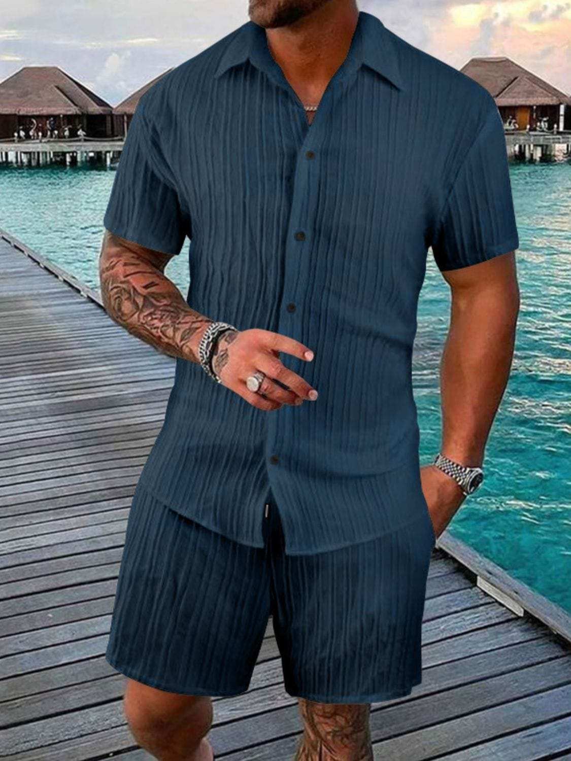 Men's Full Size Button Down Short Sleeve Shirt and Shorts Set Plus Size - Trendsi - Flyclothing LLC